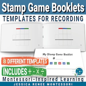 Könnte beinhalten: Eine druckbare Booklet-Vorlage für ein Stempelspiel. Die Vorlage enthält ein Raster mit einer Zeile zum Aufzeichnen der Anzahl der verwendeten Stempel. Das Booklet ist für Montessori-inspiriertes Lernen konzipiert und enthält 8 verschiedene Vorlagen zum Aufzeichnen von Addition, Subtraktion, Multiplikation und Division.
