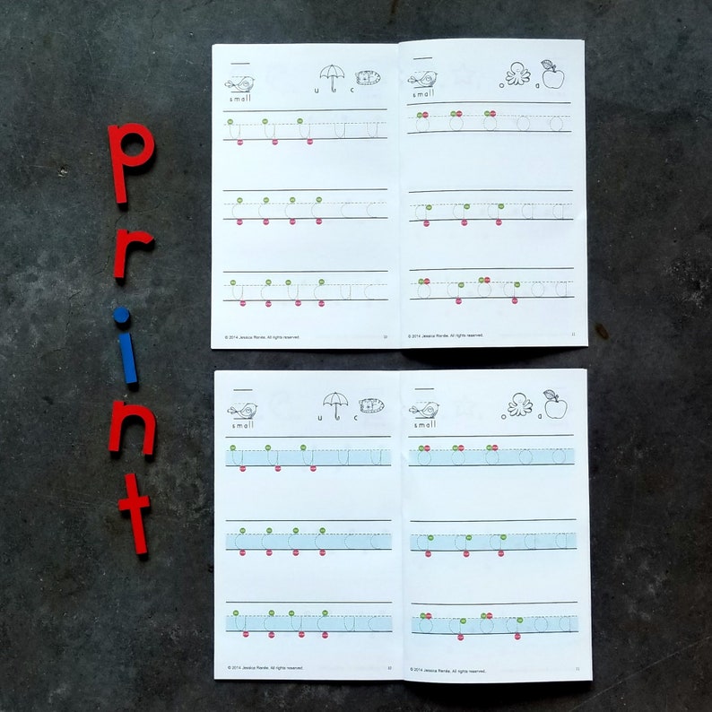 May include: Two pages from a children's workbook with tracing exercises for the letters 's', 'u', 'c', 'o', and 'a'. The pages are filled with dotted lines for tracing and have red and green dots to guide the child.