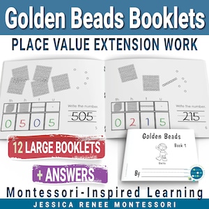 Può includere: Un'immagine in bianco e nero di un quaderno di lavoro con un'attività di estensione del valore posizionale usando perline dorate. Il quaderno di lavoro ha un titolo che dice "Golden Beads Booklets" e "Place Value Extension Work". Il quaderno di lavoro ha due pagine con una tabella di valore posizionale e un numero di perline dorate. Il quaderno di lavoro ha anche una pagina di titolo che dice "Golden Beads Book 1".