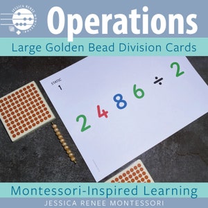 Divisão de contas douradas de 4 dígitos da Montessori Math com cartões grandes
