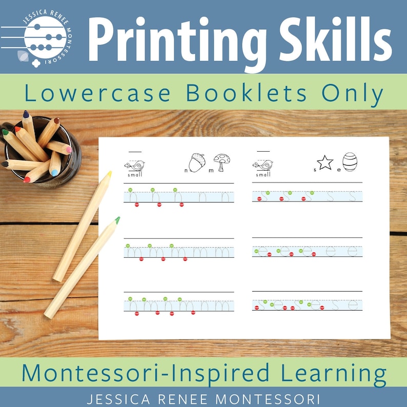 May include: A printable worksheet for practicing lowercase letter formation. The worksheet features a variety of images, including a fish, an acorn, a mushroom, a star, and an egg. The letters are written in a dotted line format, with red dots indicating where to start and stop each letter.