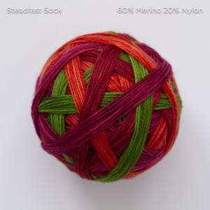 Puede incluir: Una madeja de hilo colorido con el texto "Steadfast Sock" y "80% Merino 20% Nylon". El hilo es una mezcla de rojo, naranja, verde y morado. El hilo está bien enrollado y parece suave.