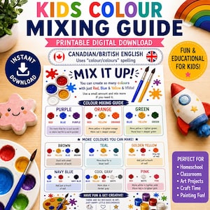 May include: A printable digital kids color mixing guide featuring the title MIX IT UP! and instructional charts showing how to combine red, blue, yellow, and white to create various colors. The guide includes text, paint splatters, and icons.