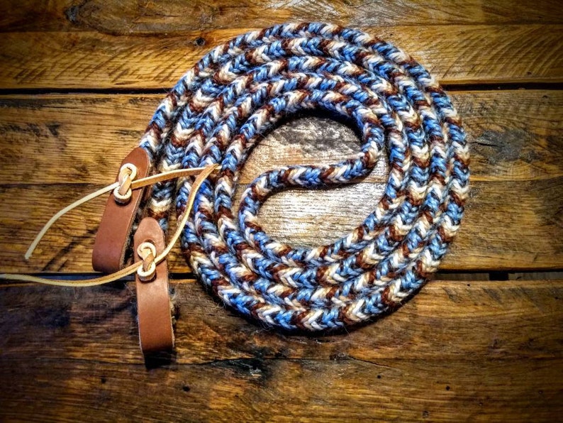 READY TO SHIP Natural Browns 9/' Braided Mohair Rein with Choice of Leather Light Blue