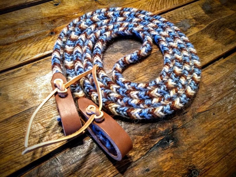 READY TO SHIP Natural Browns 9/' Braided Mohair Rein with Choice of Leather Light Blue