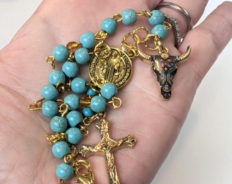Turquoise and Topaz Bead Auto Rear-View Mirror Rosary with Enamel Bull Charm