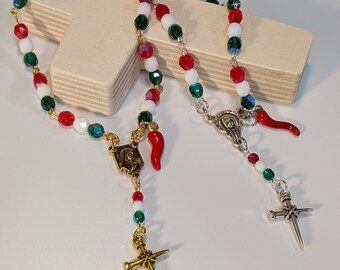 Italian Auto Rear-View Mirror Rosary With Red Italian Horn Charm (Silver or Gold)