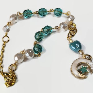 8mm Teal & White Auto Rear-View Mirror Rosary with Moon and Star Charm