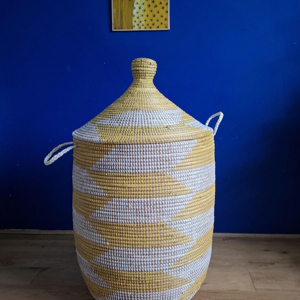 Large Handwoven Lidded Basket, African ,yellowand white,Linen Storage, Toy Nursery Basket