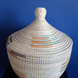 Large,white and multicoloured, handwoven, lidded storage basket, vegetable, bread or toiletries basket.