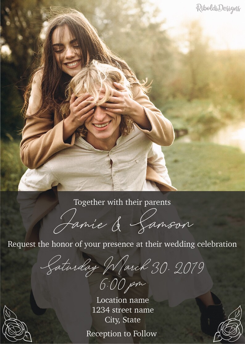 Front Only Modern Romantic Flowery Gray Opaque Wedding Invitation With Pictures