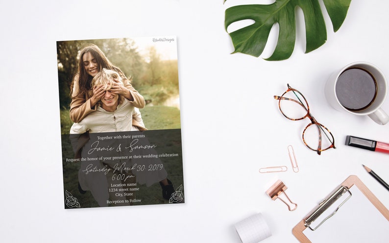 Front Only Modern Romantic Flowery Gray Opaque Wedding Invitation With Pictures