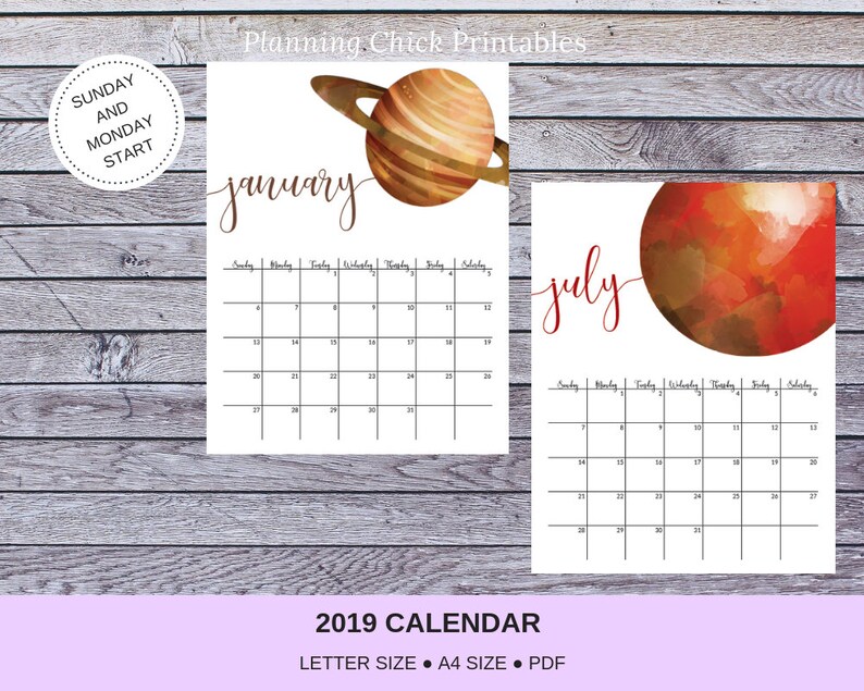 2019 Printable Calendar Planets Pdf Letter A4 Sunday Monday Start