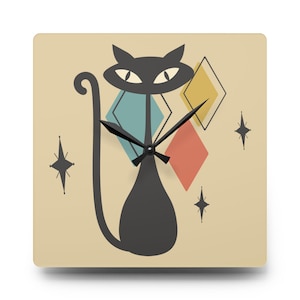 Atomic Cat Acrylic Wall Clock, Retro Inspired Home Decor, Mid Century Modern Style Clock