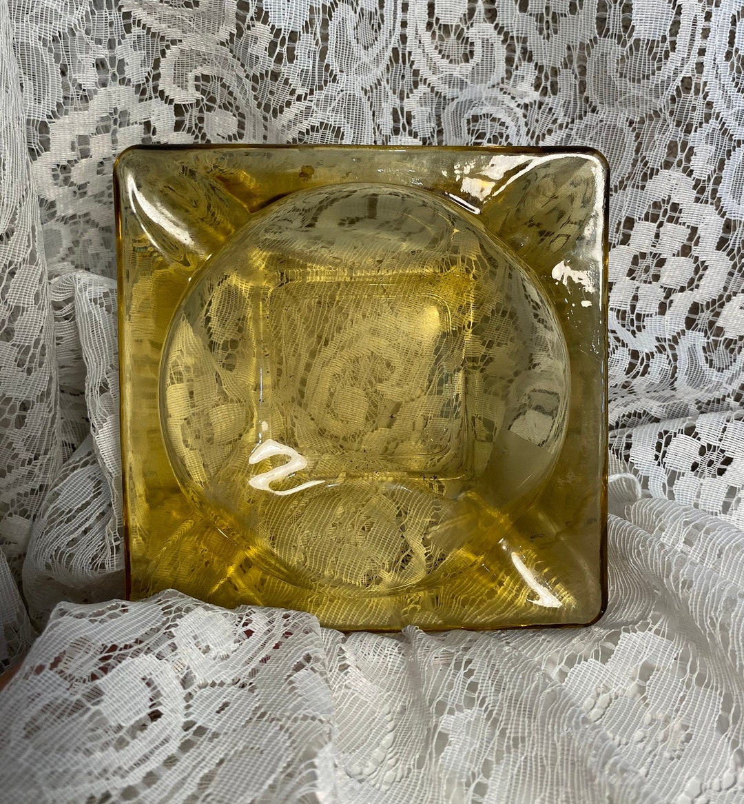 Vintage Mustard Yellow Glass Ashtray Etsy