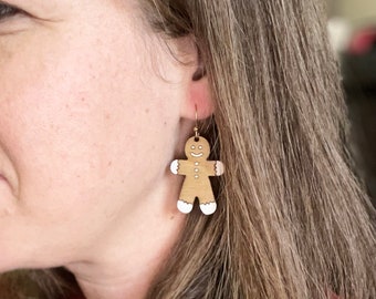 Gingerbread Cookie Earrings, Gingerbread Man, Christmas earrings, Holiday jewelry, Wood Earrings, Engraved, Hand Painted, Unique Earrings