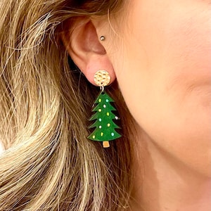 Christmas Tree Earrings, Tree Earrings, Christmas dangle earrings, Holiday jewelry, Wood Earrings, Engraved, Hand Painted, Unique Earrings