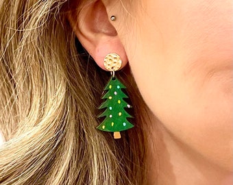 Christmas Tree Earrings, Tree Earrings, Christmas dangle earrings, Holiday jewelry, Wood Earrings, Engraved, Hand Painted, Unique Earrings