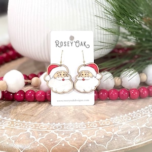 Santa Claus Earrings, Santa Hat and Beard, Christmas earrings, Holiday jewelry, Wood Earrings, Engraved, Hand Painted, Unique Earrings