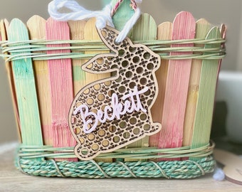 Rattan Easter Basket Tags, Personalized Bunny Tag, Boho Rattan Name Tag, Wood Bunny Tag, Custom Easter Tag, Personalized Name Tag