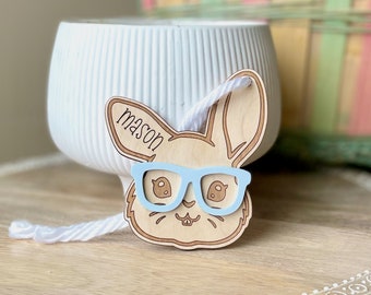 Easter Basket Tags, Bunny with Glasses, Personalized Easter Bunny Tag, Wood Bunny Tag, Nerdy Bunny, Custom Easter Tag, Personalized Name Tag