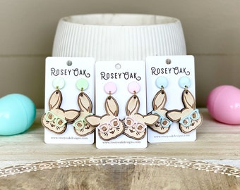 Easter Bunny Earrings, Bunny Earrings, Nerdy Bunny, Dangle Earrings, Wood Earrings, Engraved, Hand Painted