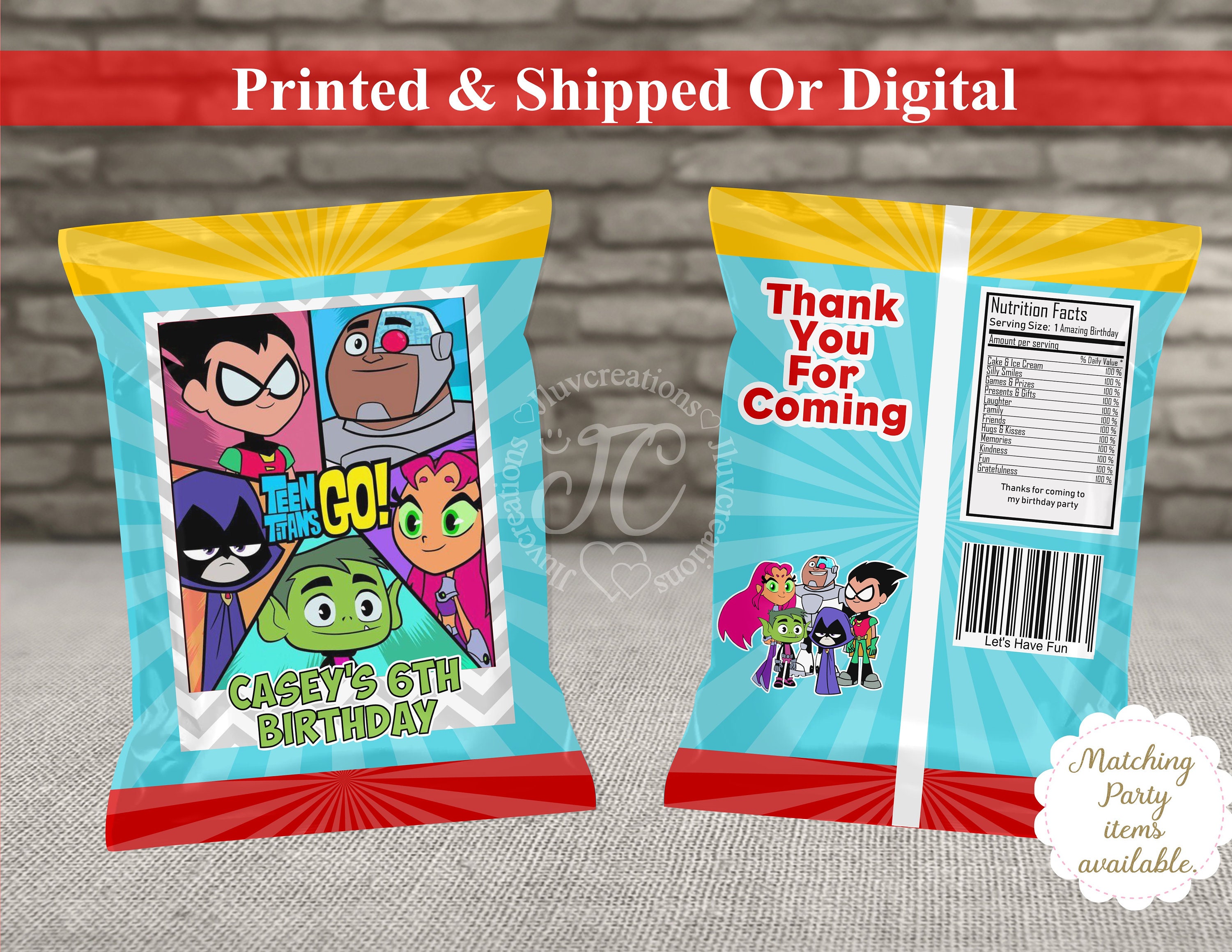 6 Personalised Teen Titans GO Birthday Party Fold Over Cards Sweet Bags Favours