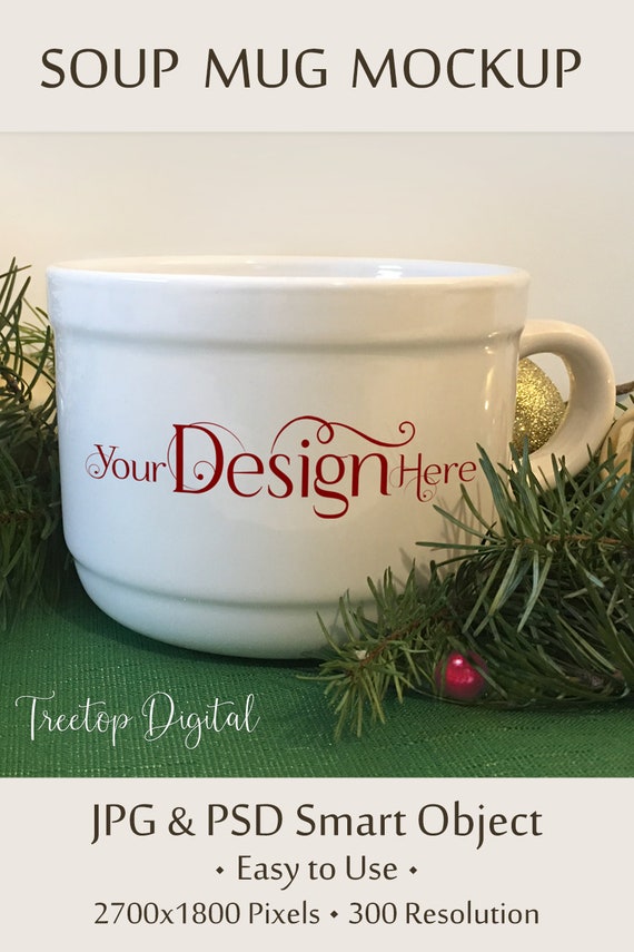 Download White Soup Mug Mockup With Christmas Tree Branches Photoshop Etsy