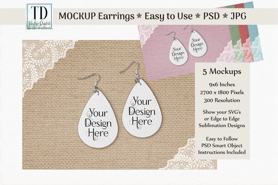 Vinyl Earrings Mockup Set, Faux Leather Earring Mock Up, SVG and Sublimation Mock-Up, JPG and Photoshop PSD Smart Object