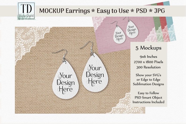 Vinyl Earrings Mockup Set, Faux Leather Earring Mock Up, SVG and Sublimation Mock-Up, JPG and Photoshop PSD Smart Object image 1
