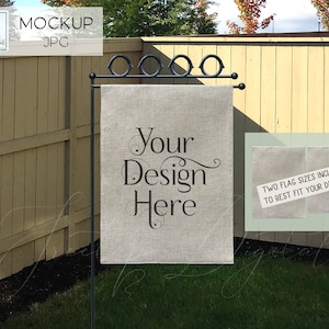 May include: A garden flag mockup with a neutral-toned, textured flag that reads "Your Design Here." The flag is displayed on a black metal stand with decorative circles. Includes two flag sizes. The background features a wooden fence and green grass.