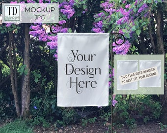 Yard Flag Mockup, Garden Flag Mockup para SVG o Sublimation Designs, White Flag Mock-Up with Lilacs, JPG Flag Mock Up