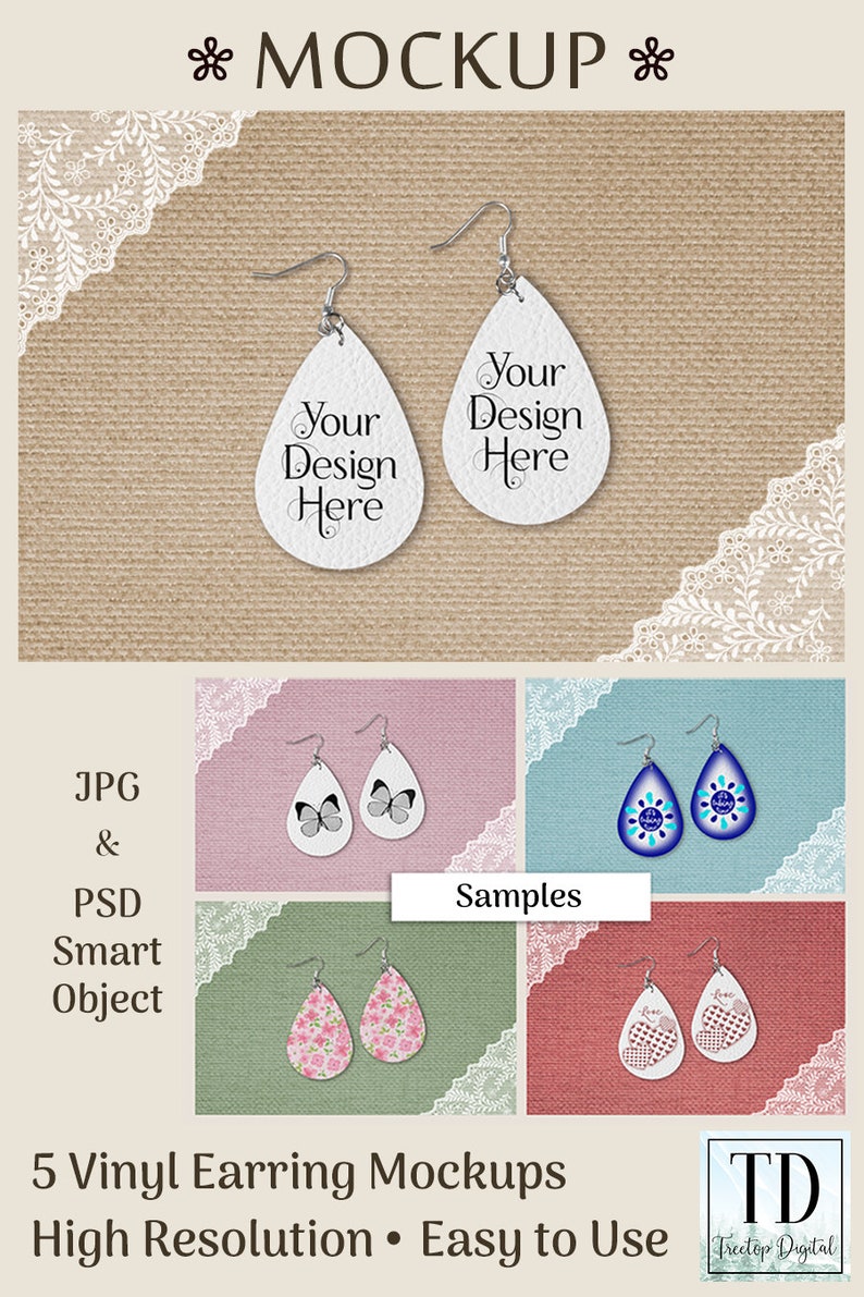 Vinyl Earrings Mockup Set, Faux Leather Earring Mock Up, SVG and Sublimation Mock-Up, JPG and Photoshop PSD Smart Object image 7