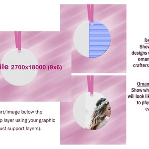 Puede incluir: Im&aacute;genes de maqueta de adornos redondos con cintas rosas, que muestran posibilidades de dise&ntilde;o. Un adorno presenta un patr&oacute;n de rayas azules, otro un retrato de mujer. El texto incluye "PNG File 2700x18000 (9x6)" e instrucciones.