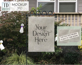 Burlap Yard Bandiera Mockup Halloween A tema, Garden Flag Mockup per SVG o Sublimation Designs, Burlap Flag JPG Mock-Up per Halloween