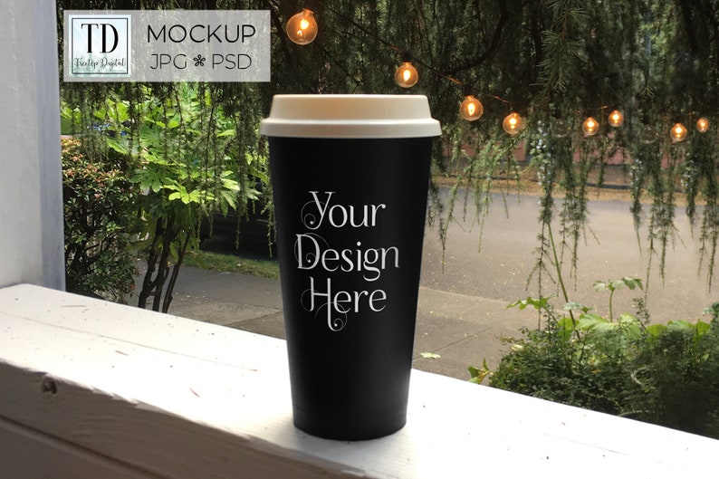 Photoshop PSD Smart Object and JPG Travel Mug Mockup Black Coffee Travel Cup Mock-Up Travel Mug Mockup