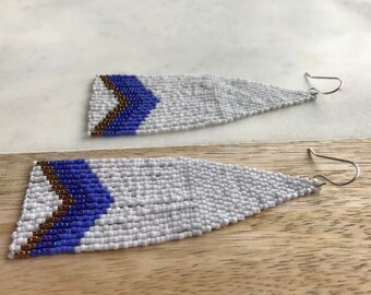 Triple V in Blue * Beaded, Woven, Brick Stitch and Fringe Earrings
