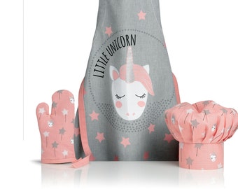 French Kids Apron Set-Girl and Boy Apron-Unicorn Apron Set-Unicorn Child Apron-Cute Apron For Girls and Boys-Boy Apron, Mitten and Chef Hat