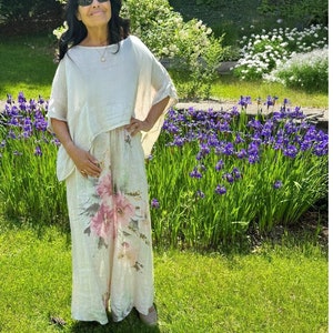 Women linen pants-flower linen pants-Elegant linen pants-100%linen pants-Wideleg linen pants-Designer linen pants-Summer linen collection