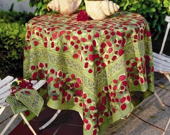 Round Tablecloth French Floral Green Flowers Cotton Sateen 