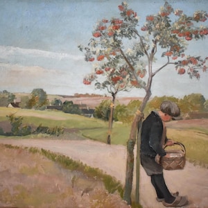 May include: An oil painting of a rural landscape featuring a figure leaning against a tree laden with red berries. The figure wears a dark jacket and cap, holding a basket. The background shows fields, trees, and buildings under a blue sky.