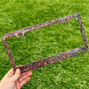 Rainbow Color-shift Chunky Glitter License Plate Frame | Front Vanity License Plate Holder