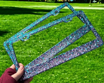 Blue/Purple Chunky Glitter License Plate Frame | Front Vanity License Plate Holder