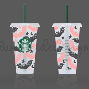 Halloween Pink and Black Bats Starbucks Reusable Cold Cup