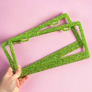 Holographic Lime Green Chunky Glitter License Plate Frame | Front Vanity License Plate Holder