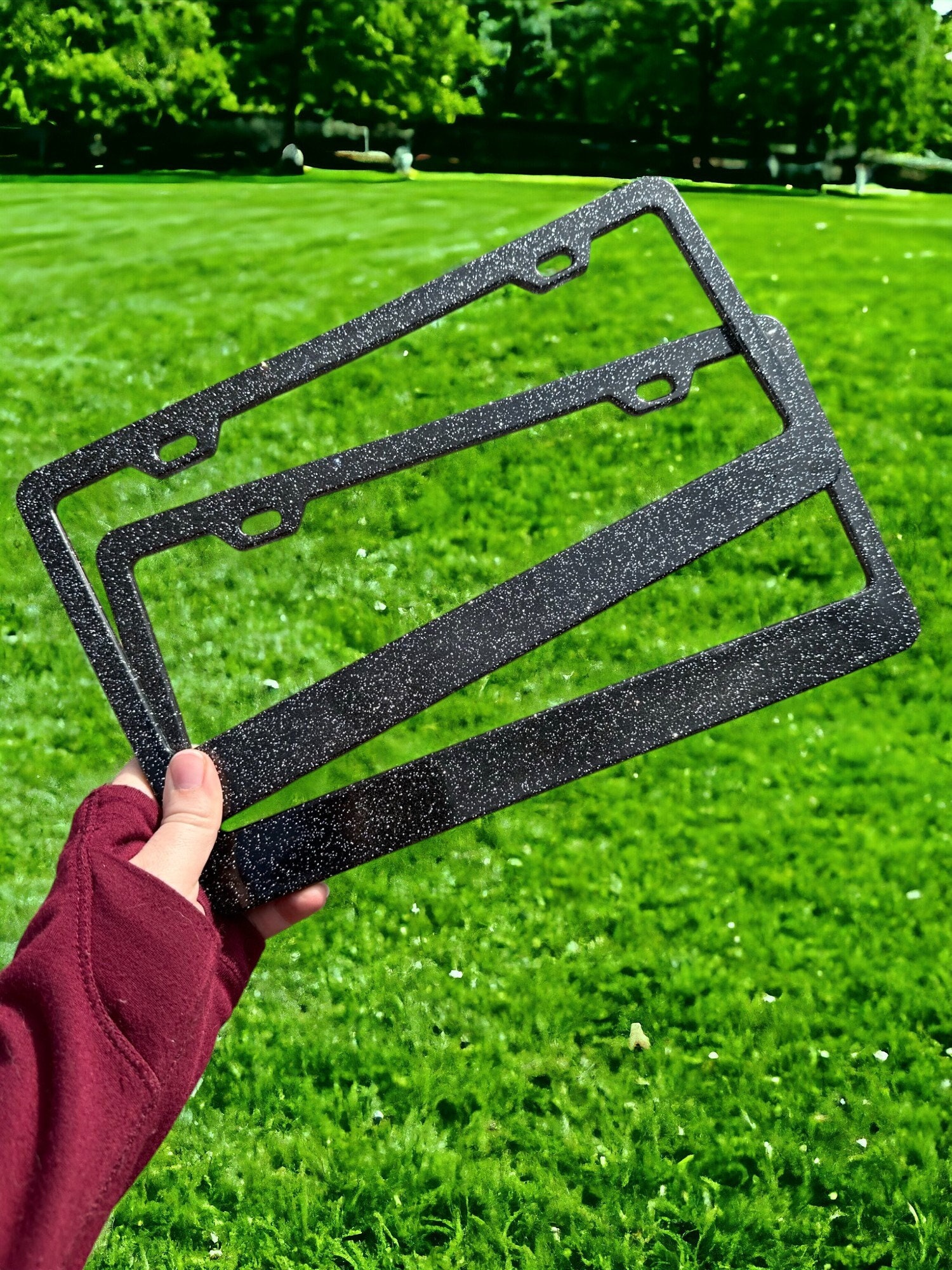 Black and Silver Fine Glitter License Plate Frame | Front Vanity License Plate Holder