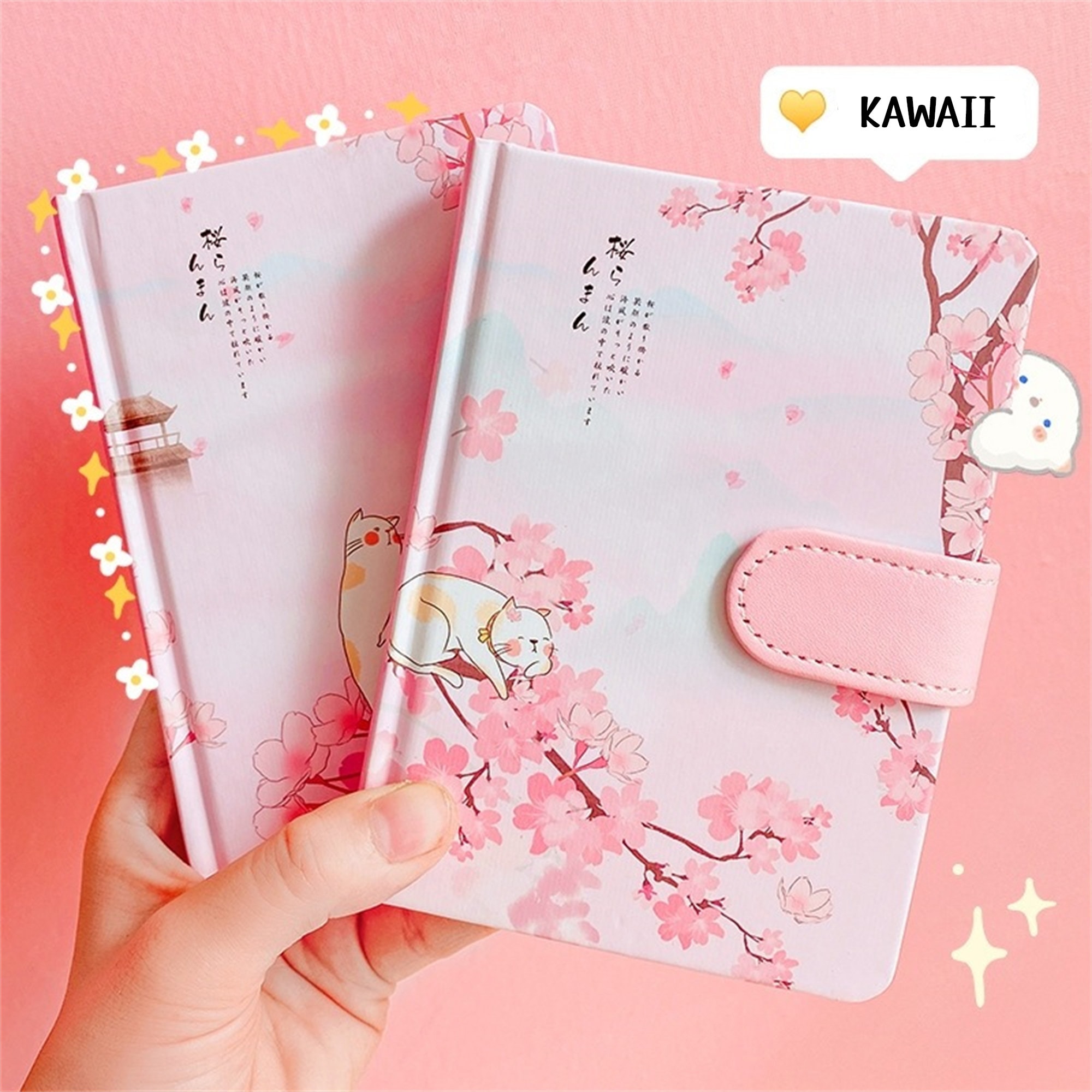 beau carnet avec de dessin de chats mignons sous les fleurs de sakura