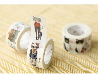 Fashion Cat Washi Tape, Chats habillés intelligents, Chat mignon Washi, Chats pour scrapbooking, journalisation, 1 rouleau.