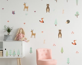 Woodland Wall Stickers, Pine Tree Wall Stickers, Woodland Theme Wall Decal Stickers, Woodland Animals Nursery Wall Stickers, 6 Sheets