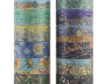 Lot de 12 rubans adhésifs Washi inspirés de la peinture à l'huile - feuille d'or - nuit étoilée - créations artistiques - scrapbooking décoratif - fournitures de journalisme